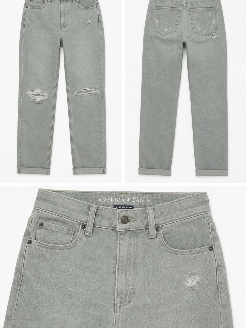 American Eagle Mom Straight Jeans Size 12 Sage Green Distressed High Rise 31W